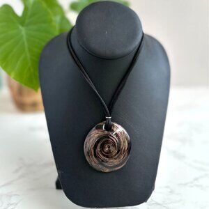 Murano Glass Pendant Necklace with Swirl Design 17" Silk Cord & Sterling Silver